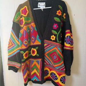 Vintage Oversized Black Rainbow Knit Sweater Floral Geometric Hand Knit